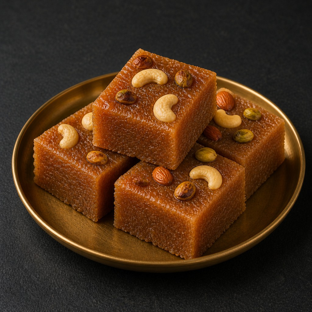Square-cut wheat halwa topped with nuts on a gold plate