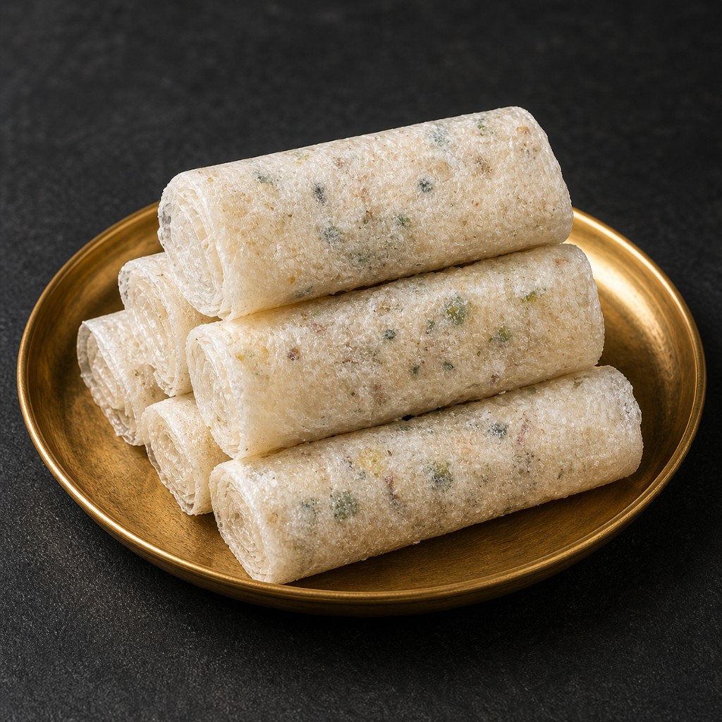 Crispy translucent putarekulu rolls stacked on a gold plate