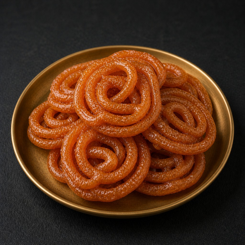 Glossy orange jalebi spirals on a brass plate